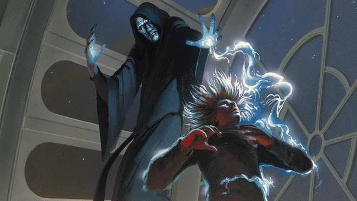 Emperor Palpatine uses Force lightning on Luke Skywalker