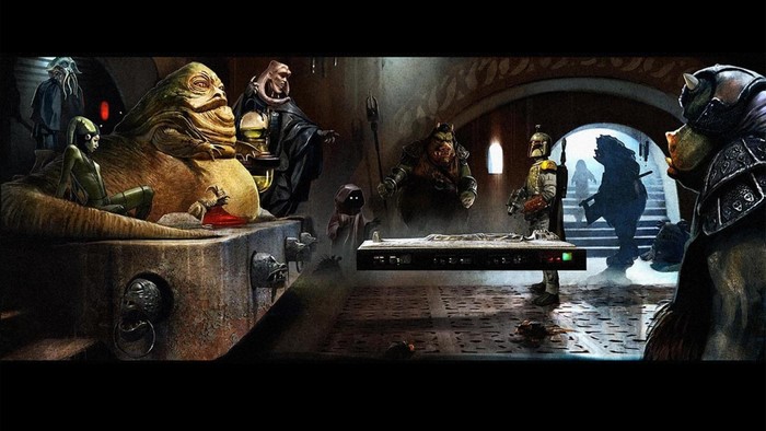 Star Wars characters in a dimly lit room