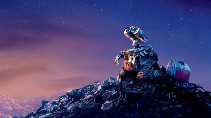 WALL-E on a pile of trash under a starry sky