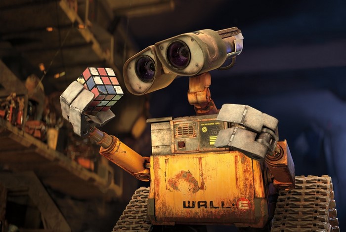 WALL-E holding a Rubik's Cube