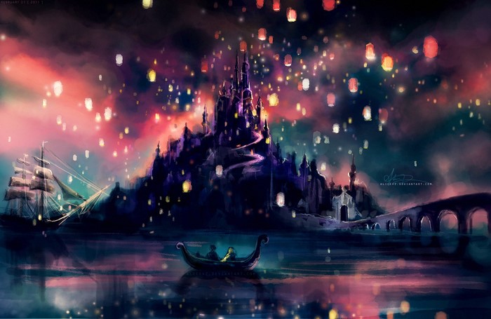 Rapunzel and Flynn from Tangled releasing sky lanterns