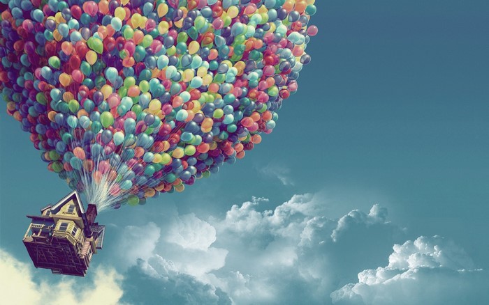 House lifted by balloons in the sky