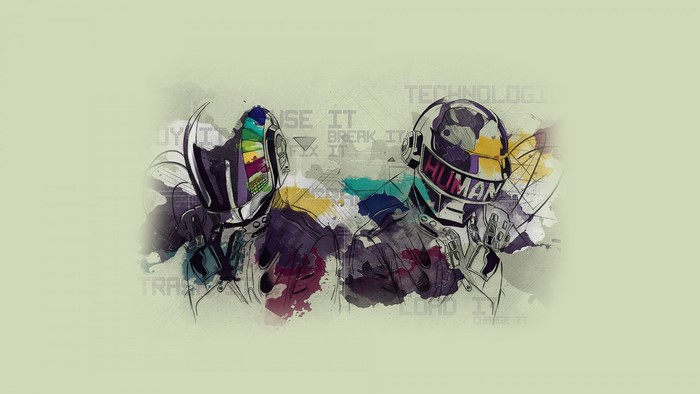 Daft Punk illustration with colorful helmets