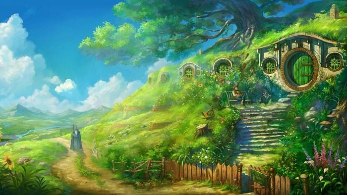 The Shire Landscape with Bag End and Gandalf