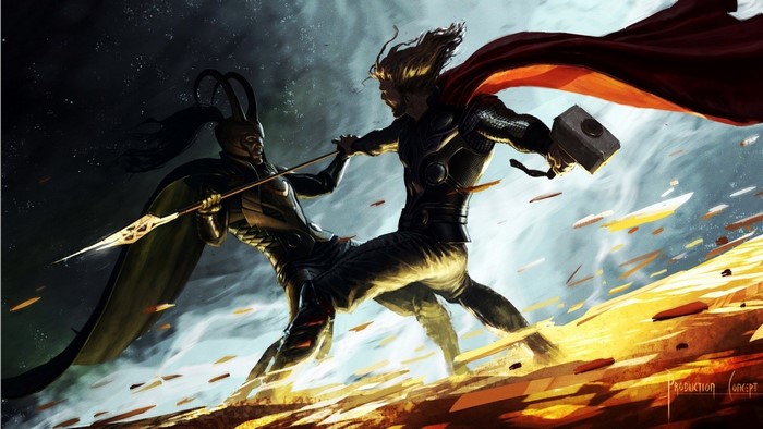 Thor and Loki fighting with Mjolnir and a spear