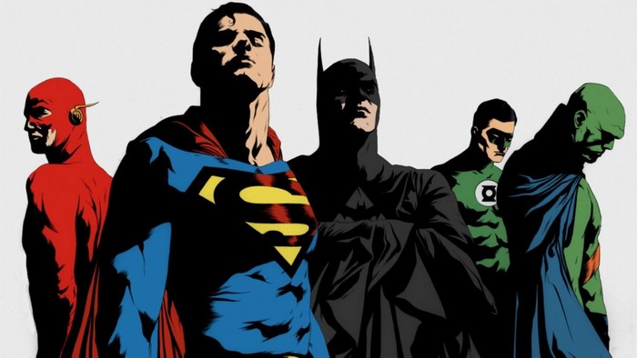 Justice League heroes: Flash, Superman, Batman, Green Lantern, Martian Manhunter