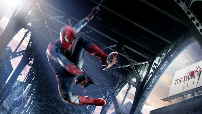 Spider-Man swinging from a web under a bridge