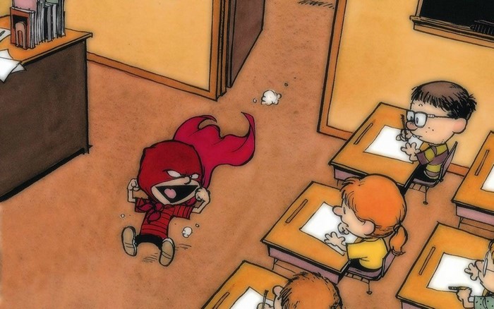 Calvin from Calvin and Hobbes in a classroom