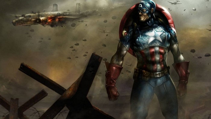 Captain America in a World War II battle scene