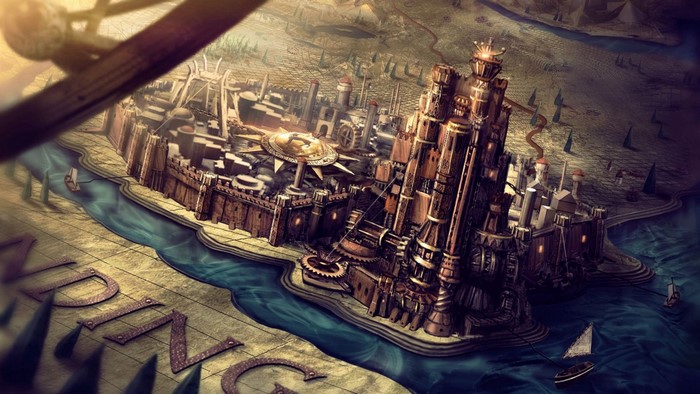 Illustration of a fantasy city with a large tower and river