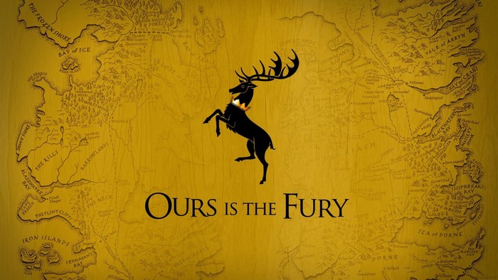 House Baratheon sigil and motto on a map of Westeros