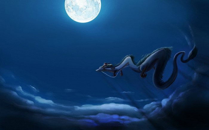 Spirited Away Dragon Flying Under Moonlight
