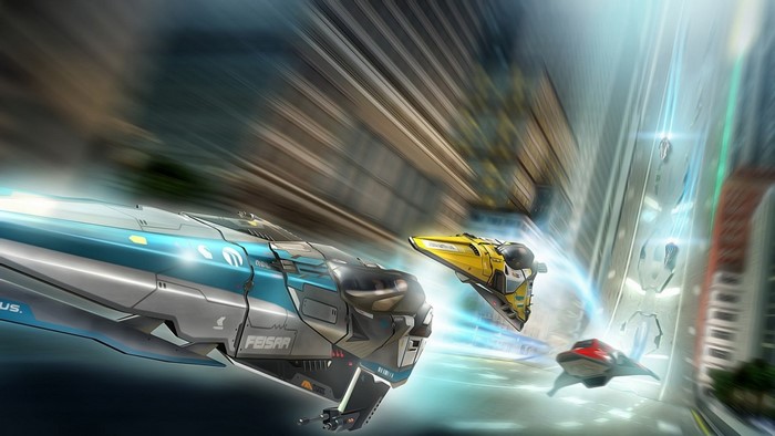 Wipeout 2048 racing ships in a futuristic city