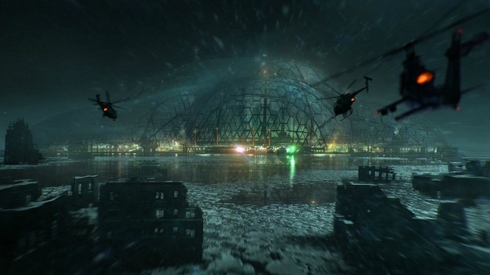 Crysis 3 screenshot with helicopters over a dome city