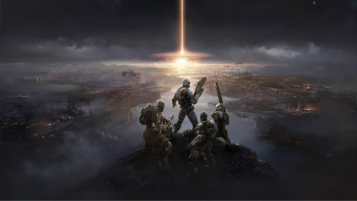 Soldiers overlooking a futuristic city with a beam of light