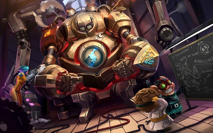 Blitzcrank, Heimerdinger, and Ziggs from League of Legends in a workshop