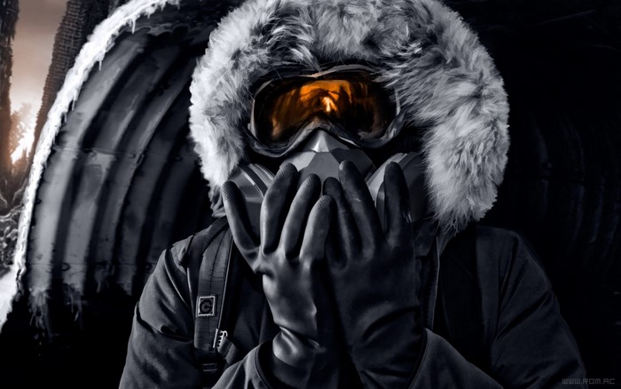 Man in gas mask and fur hood