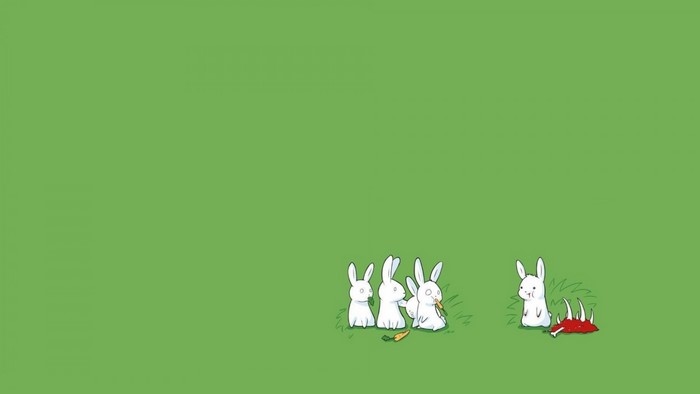 Minimalist illustration of rabbits and a bloody carcass