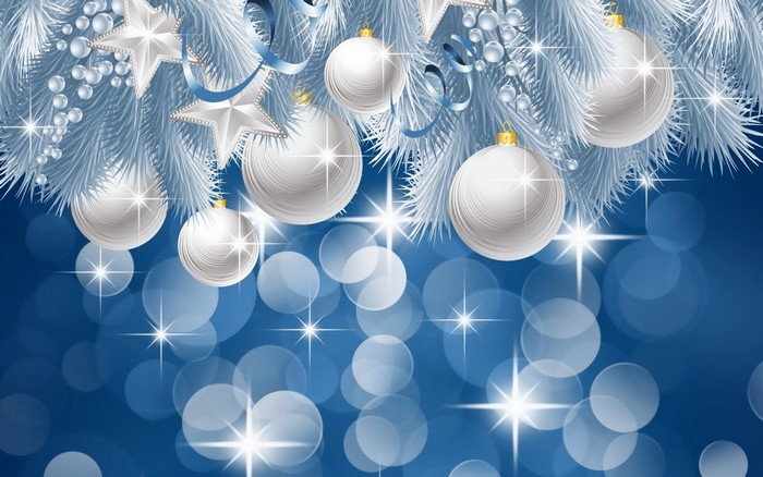 Elegant Silver Christmas Ornaments on Blue Branches