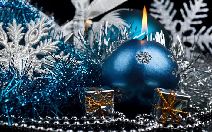 Blue Candle and Silver Christmas Decorations