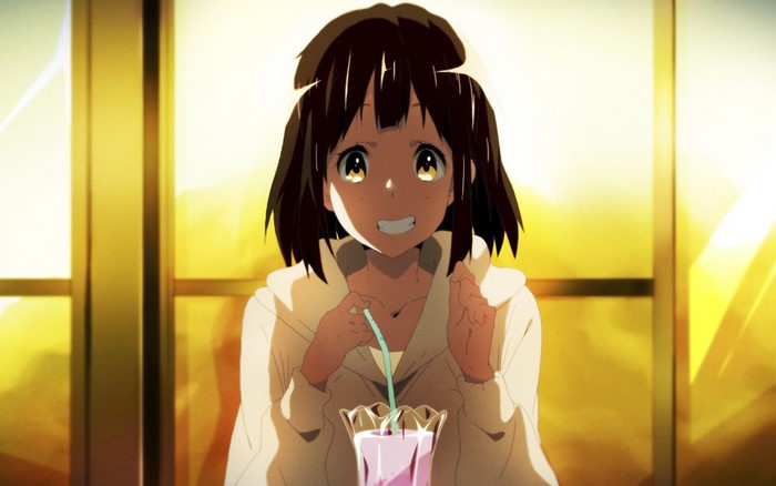 Anime girl with short brown hair drinking a milkshake