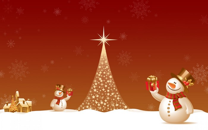 Christmas scene with snowmen and decorated tree