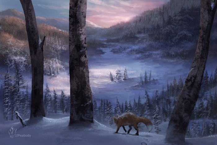 Fox walking through a snowy forest at sunrise