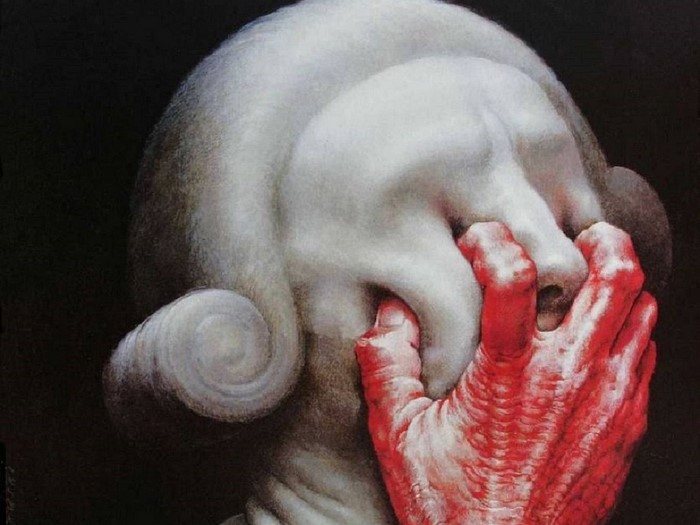 Surreal artwork of a statue with a bloody hand over its face