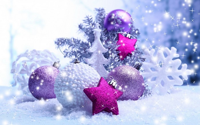 Sparkling Purple and White Christmas Ornaments in Snow