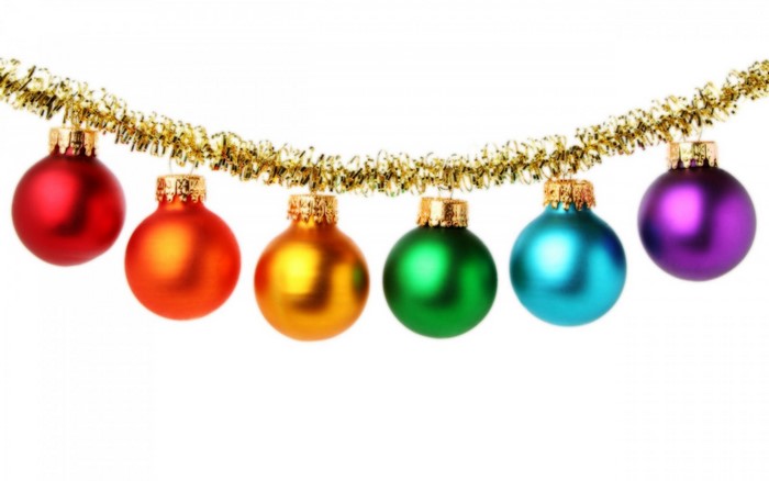 Christmas ornaments on a gold garland