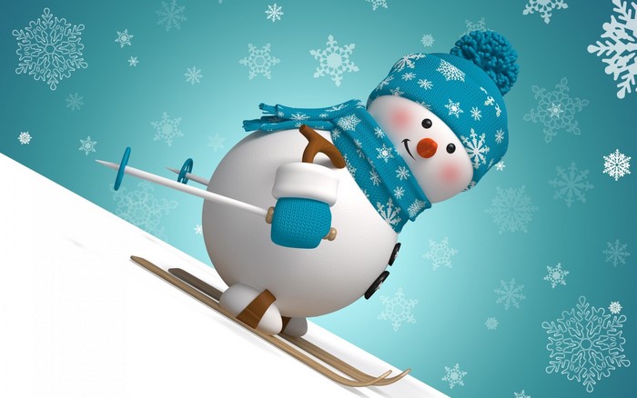 Cartoon snowman skiing down a snowy slope