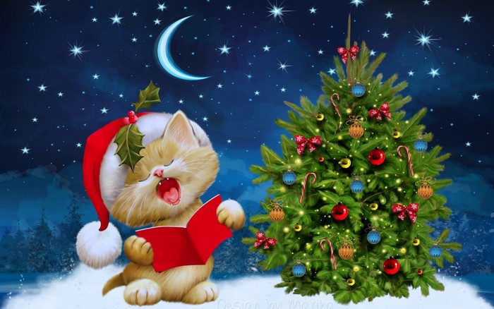 Cute Cat Singing by Christmas Tree at Night