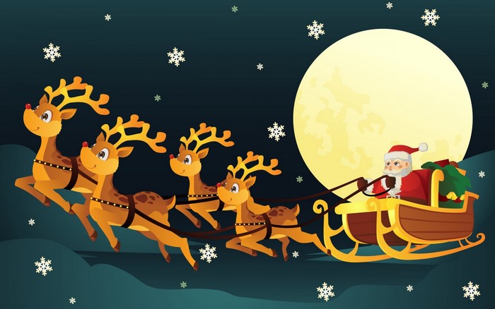 Santa Claus flying in a sleigh with reindeer