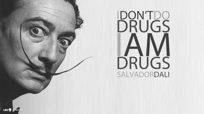 Salvador Dalí portrait with quote about drugs