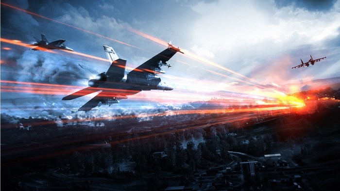 Fighter jets in aerial combat with explosions