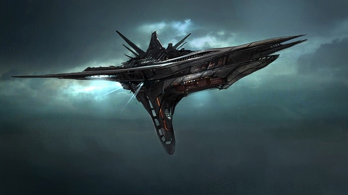 Dark alien spaceship hovering in cloudy sky