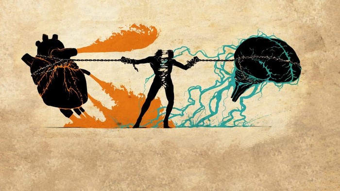 Illustration of a person chained between a heart and a brain