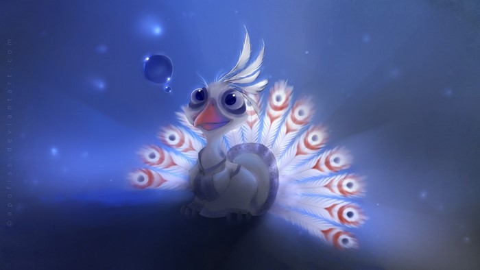 Cute cartoon peacock bird with blue bubbles