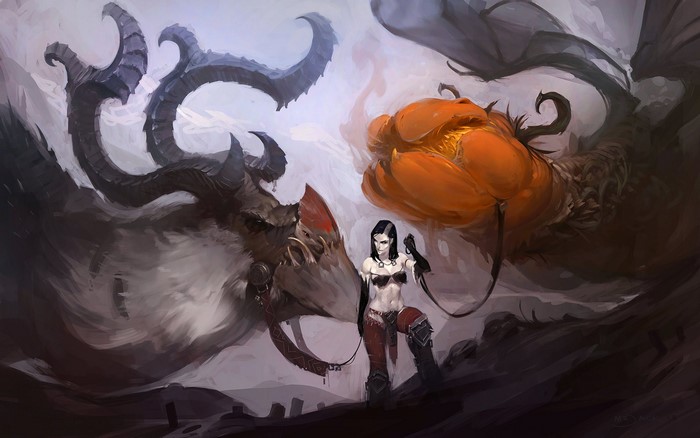Woman with a dragon and a pumpkin monster