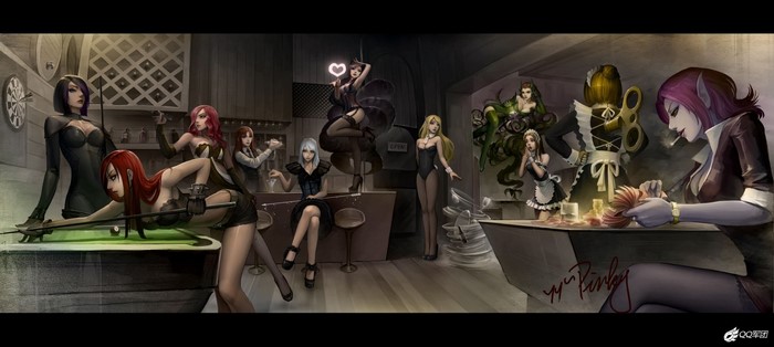 League of Legends characters in a bar setting