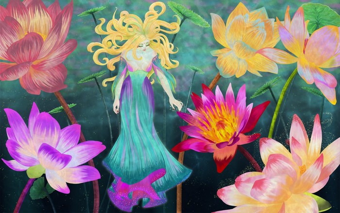 Fantasy Girl Among Vibrant Lotus Flowers