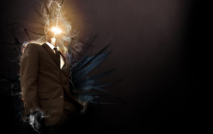 Man in Suit with Lightbulb Head and Abstract Elements