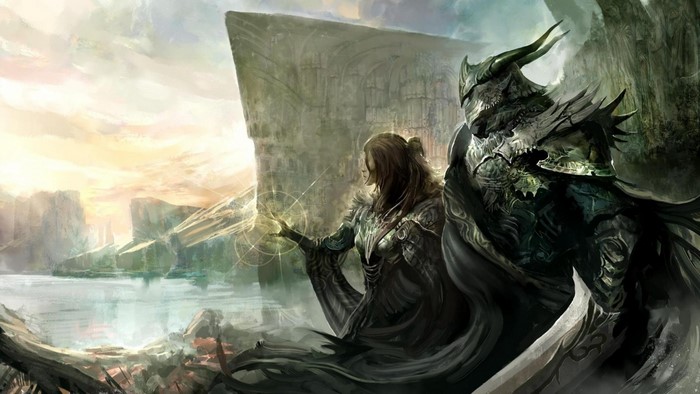Fantasy warrior and dragon in a ruined landscape