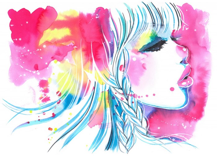 Watercolor painting of a woman's profile with colorful hair