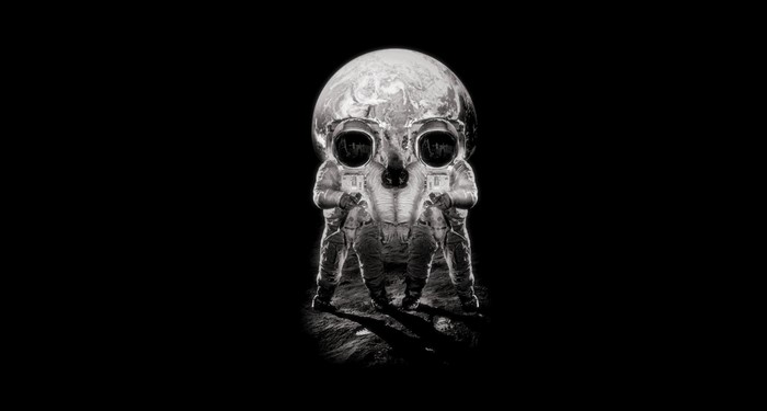 Astronauts forming a skull with Earth for a head