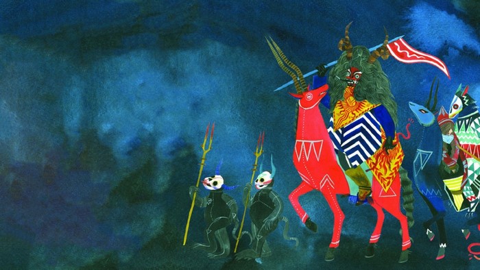Illustration of figures in costumes on horseback