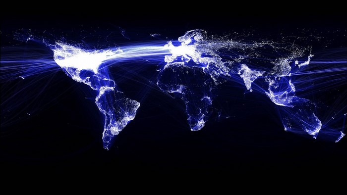 Global network of lights and connections at night