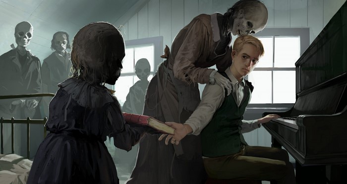 Skeletons and a boy playing piano