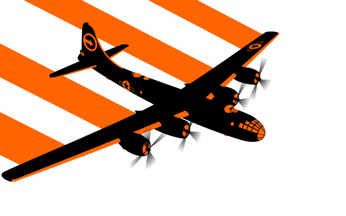 Black B-29 Superfortress airplane with orange stripes