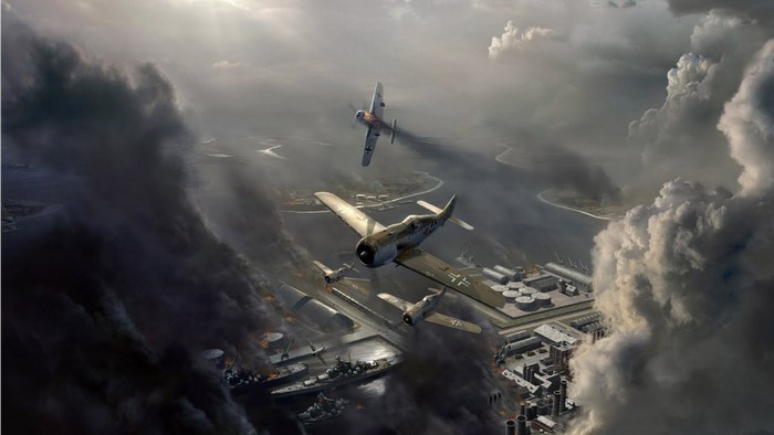World War II aerial combat over a shipyard